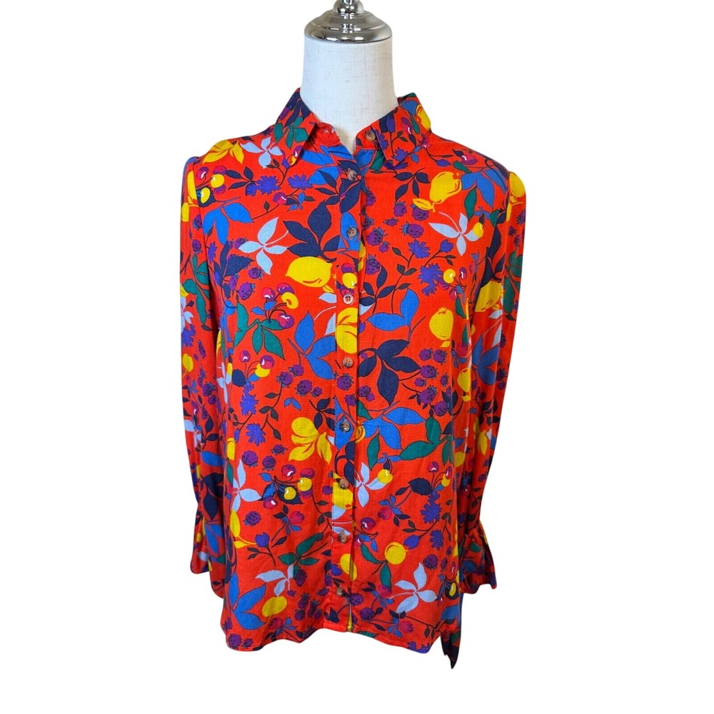 Maeve Anthropologie Blithe Red Fruit Floral Button Down Blouse Tie Cuff Size 4